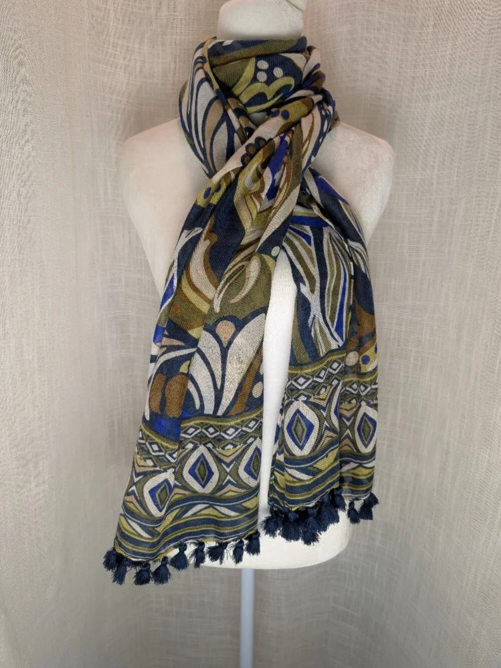 Blue & Gold Geometric Patterned Scarf with Tassels